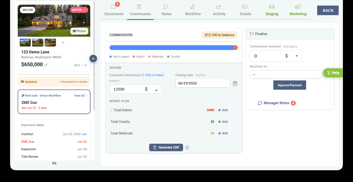 Commission tab — money-in/money-out ledger with one-click CDF generation