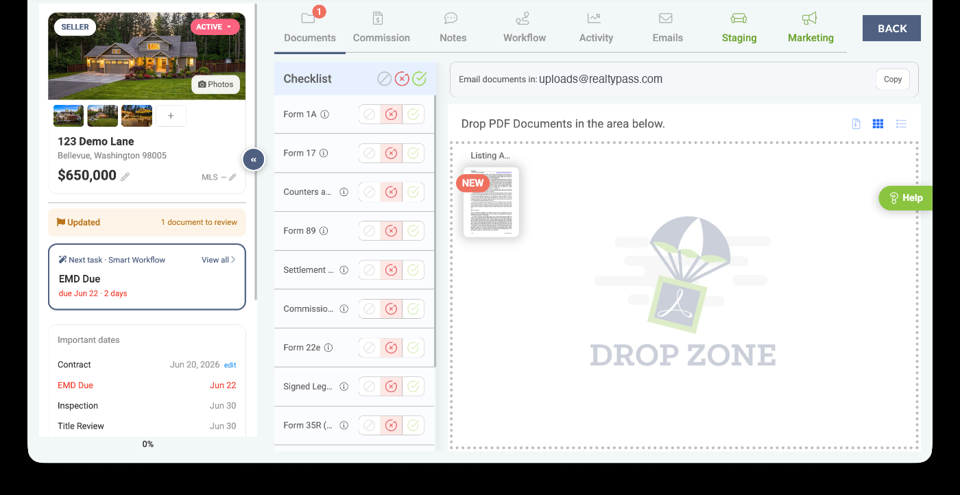 Documents tab — uploaded files auto-matched to the compliance checklist with outstanding items flagged