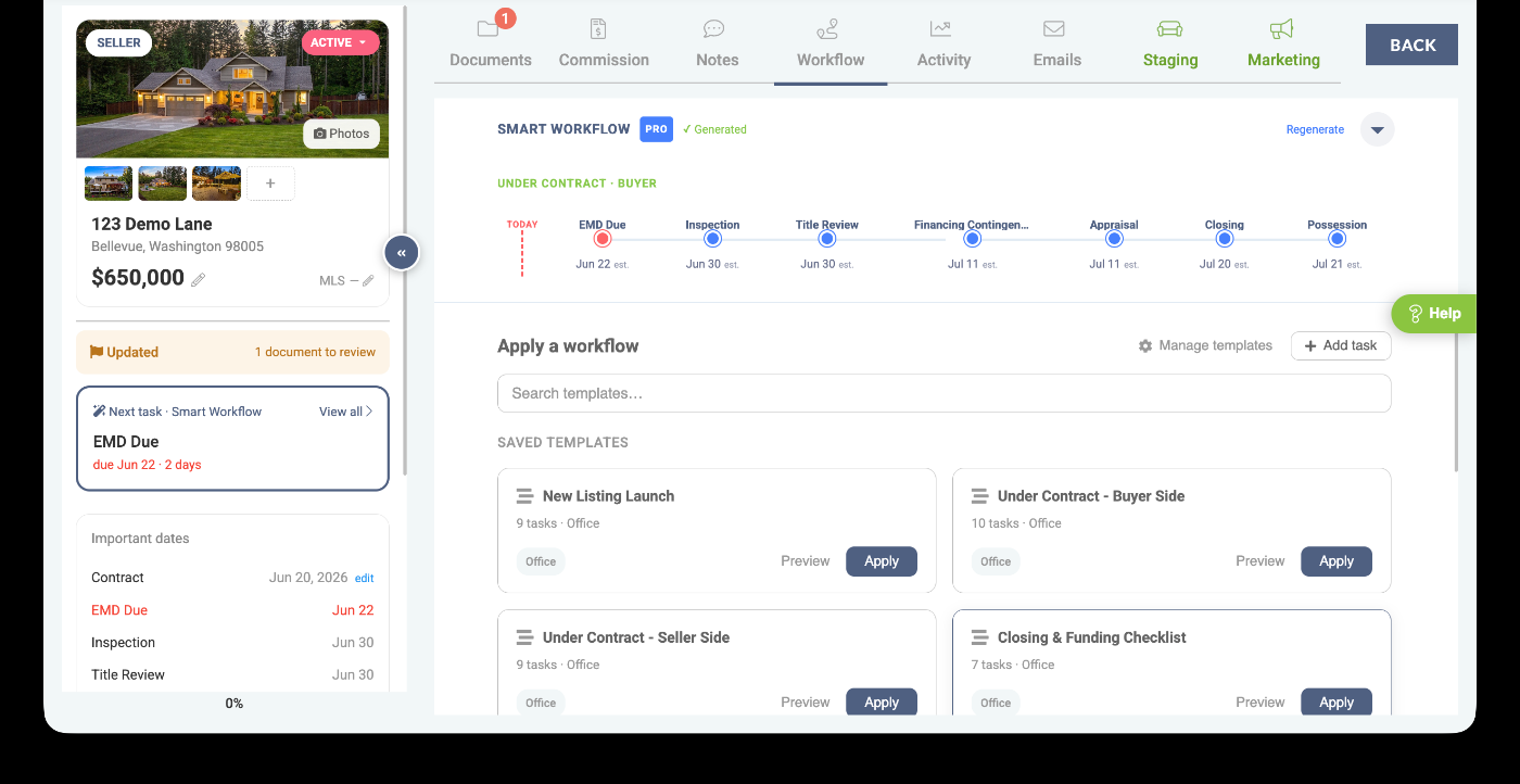 Smart Workflow — contract-aware milestone timeline on the calendar with AI-drafted note replies
